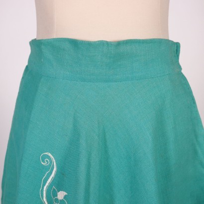 Vintage Green Skirt WIth Embroideries Misto Lino Italy 1970s-1980s