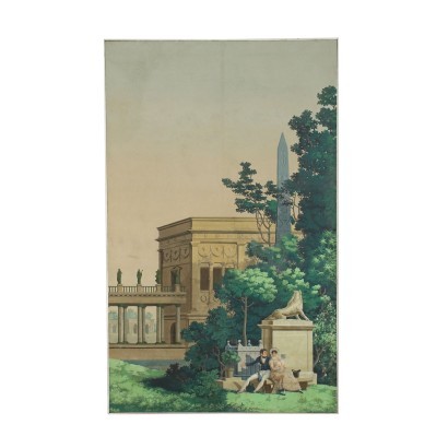 Aperçu du Jardin avec Figures Détrempe sur Papier XIX Siècle