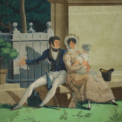 Aperçu du Jardin avec Figures Détrempe sur Papier XIX Siècle