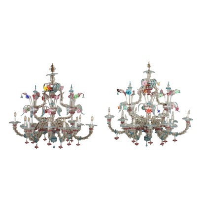 Pair Of Chandeliers Blown Glass Murano Italy 20th Century