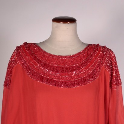 Vintage Red Chiffon Dress WIth Beads Italy 1980s