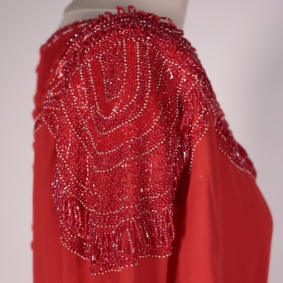 Vintage Red Chiffon Dress WIth Beads Italy 1980s