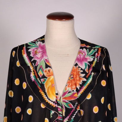 Vintage Black and Yellow Floral Dress Italy 1980s