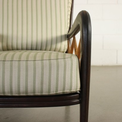 Pair of armchairs in the style of Paolo Buffa, beech and walnut wood, seat cushion with springs on metal straps, foam backrest, fabric upholstery. Customizable: the product can be renewed by our laboratories.