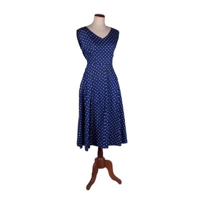 Vintage Blue Dress With Polka Dots Cotton Italy