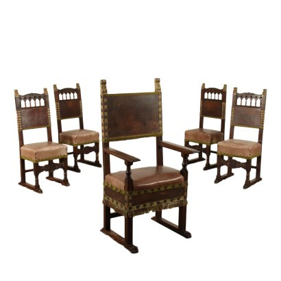 Groupe de 4 Chaises et Fauteuil Néoclassique Noyer Italie XIX Siècle