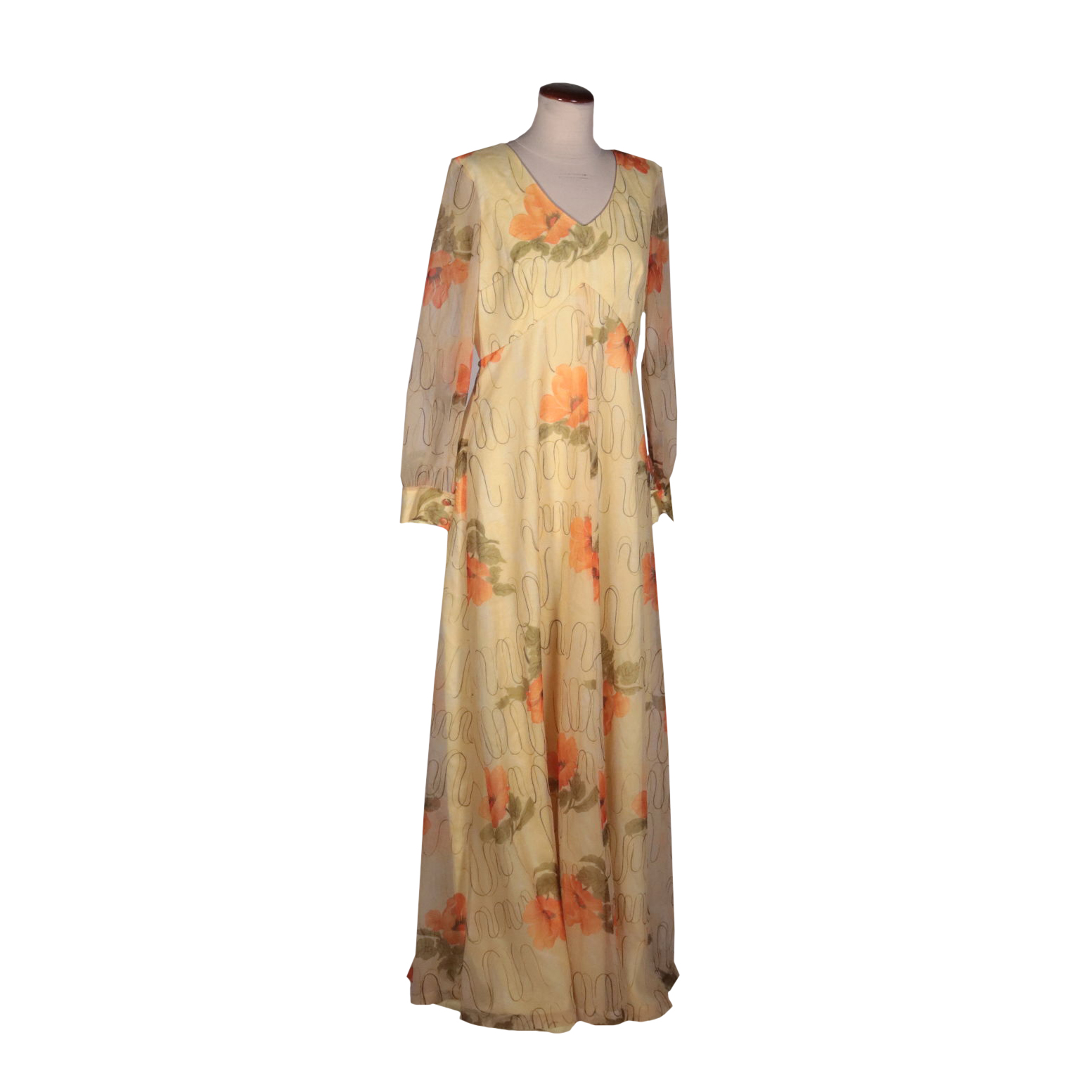 Abito Lungo Vintage con Papaveri Taglia M Anni 70 80 Organza Gialla