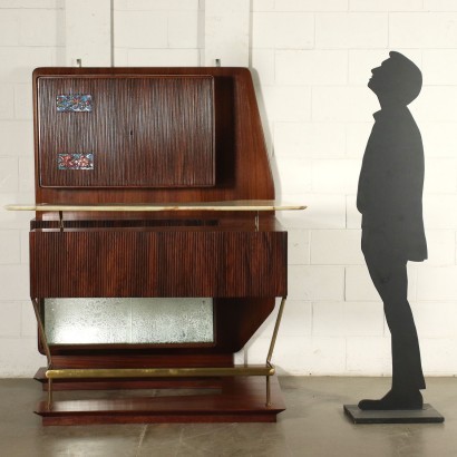 Bar Corner Cabinet Veneered Wood Brass Glass Onyx Ceramic Italy 1950s