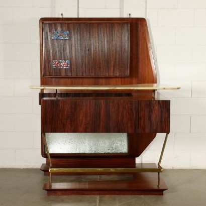 Bar Corner Cabinet Veneered Wood Brass Glass Onyx Ceramic Italy 1950s