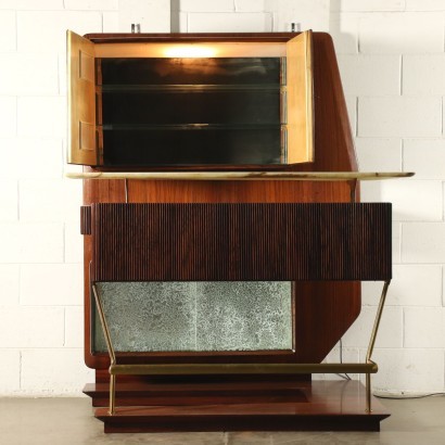 Bar Corner Cabinet Veneered Wood Brass Glass Onyx Ceramic Italy 1950s