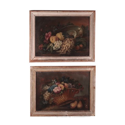 Pair of Still Lives With Flowers and Fruit Italian School 19th Century