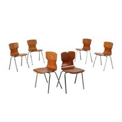 Group Of Six Chairs Plywood Chromed Metal Holland 1960s 1970s