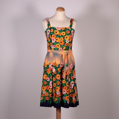 Vintage Dress WIth Stripes and Flowers Cotton Italy 1970s