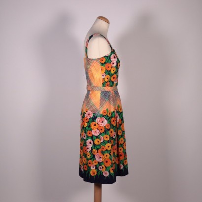 Vintage Dress WIth Stripes and Flowers Cotton Italy 1970s