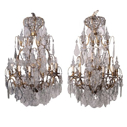 Pair Of Chandeliers Glass Bronze Italy Late 19th Century