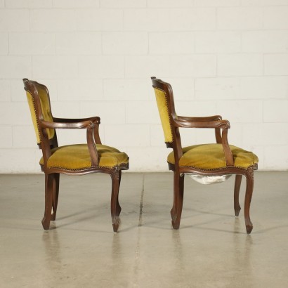 Pair Of Revival Armchairs Walnut Padded Italy 20th Century