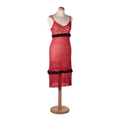 nico fontana, secondhand, crochet, abito,Abito Crochet Rosso con Rose Nico Font