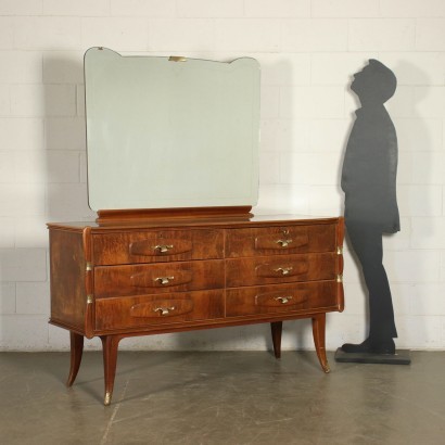 Dresser Burl Veneer Brass Back-Treated Glass Mirror Italy 1950s