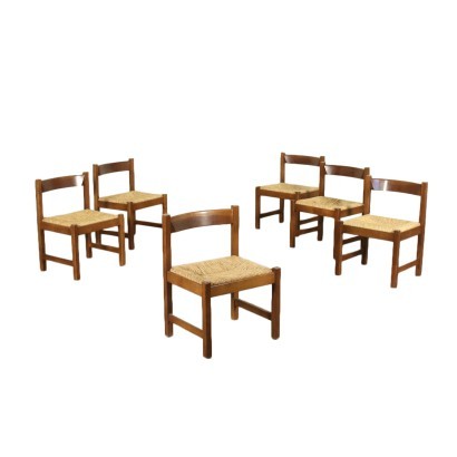 Group Of Sic Chairs Giovanni Michelucci Beech Raffia 1960s 1970s