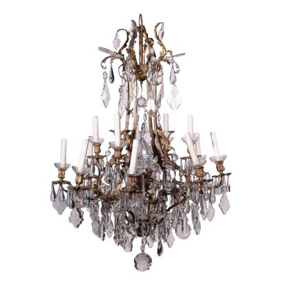 Big 12 Lights Chandelier Gilded Bronze Glass Italy 20th Century