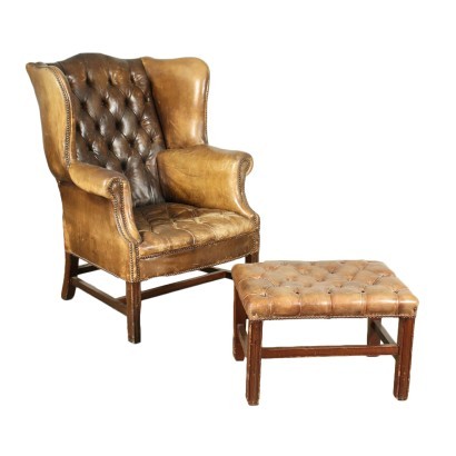 Bergere Armchair With Footrest Mahogany Leather Italy 20th Century