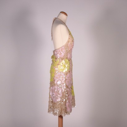 Robe Beige Nico Fontana, Paillettes, Soie, Italie.