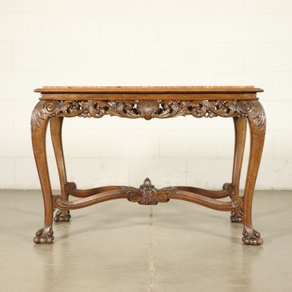 Revival Table Walnut Red Verona Marbel Italy 20th Century