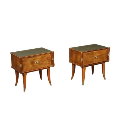 Pair Of Chests Of Drawers Beech Burl Veneer Brass Glass Italy 1950s 60