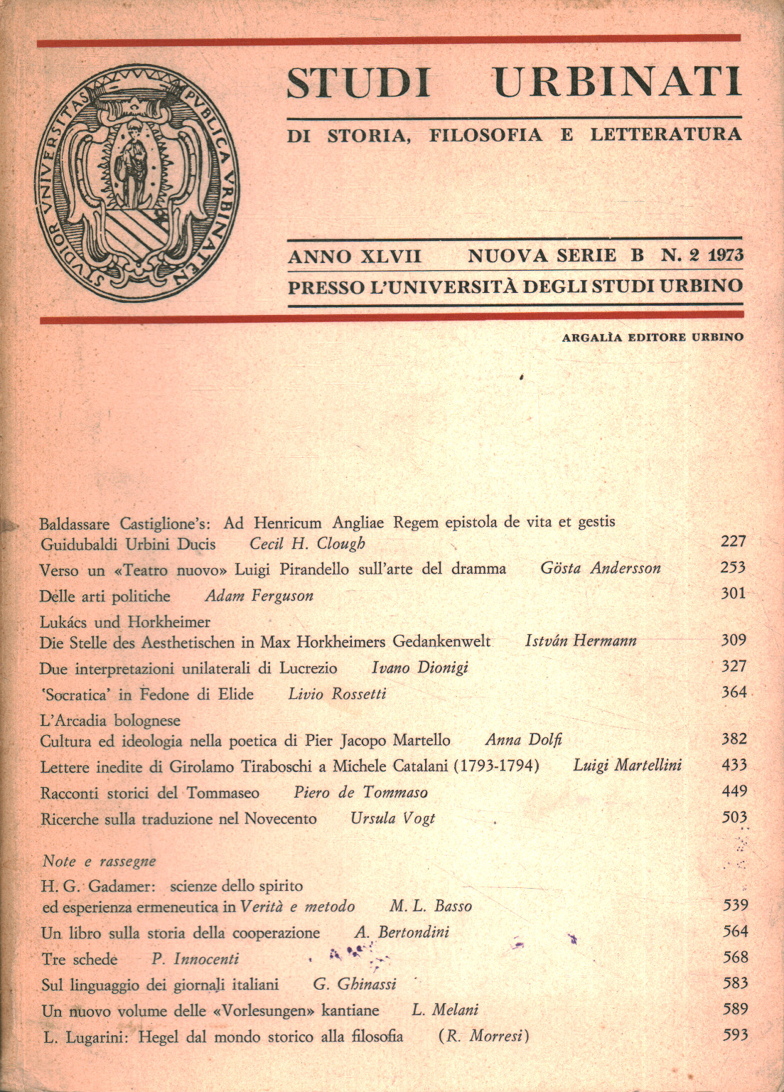 Urbino studies of history, philosophy and literature, A.A.V.V.