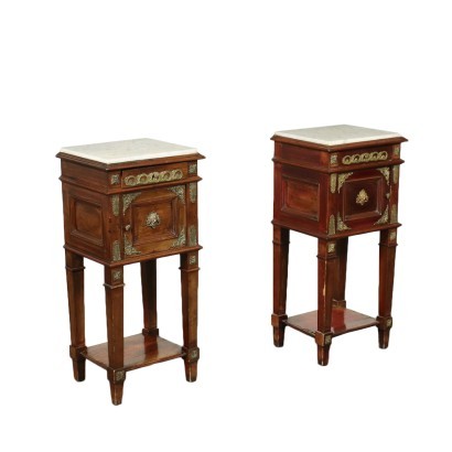 Pair of Revival Bedside Tables Mahogany Carrara Marble Italy 20th Cent