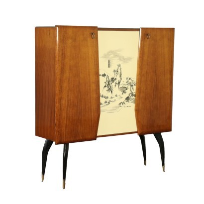 Cabinet Veneered Lacquered Stained Wood Brass Glass Italy 1950s 1960s