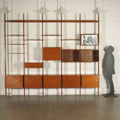 Bookcase Solid Beech Teak Veneer Brass Glass Italy 1960s