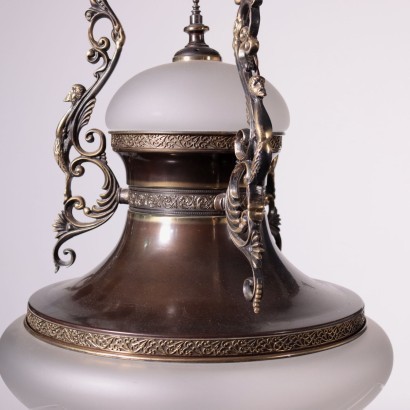 Lantern Shaped Chandelier Brass Bronze Glass Italy 20th Century
