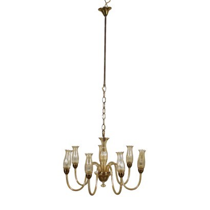 Lustre à huit Lumières Verre Laiton Fabriqué en Italie Années 50