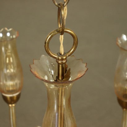 Chandelier Amber Glass Brass Vintage Italy 1950s