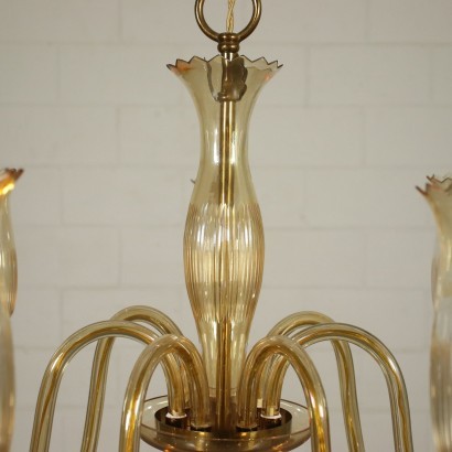 Chandelier Amber Glass Brass Vintage Italy 1950s