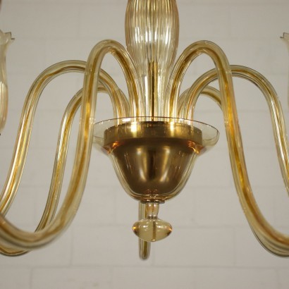 Chandelier Amber Glass Brass Vintage Italy 1950s