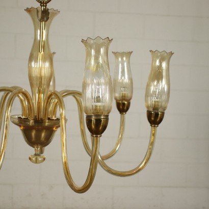 Chandelier Amber Glass Brass Vintage Italy 1950s