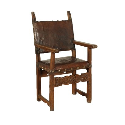 Fauteuil Baroque Noyer Cuir - Italie XVIII Siècle