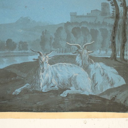 arte, arte italiana, pittura antica italiana,Paesaggio Agreste Notturno con Capre