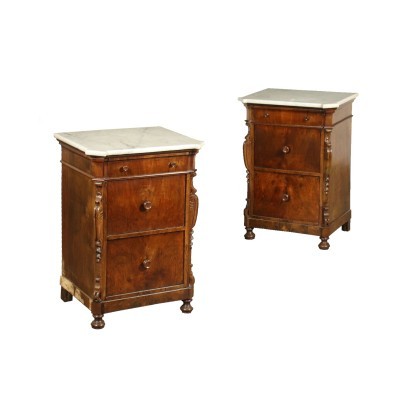 Pair of Umbertine Bedside Tables Poplar Walnut Marble - Italy XIX Cent