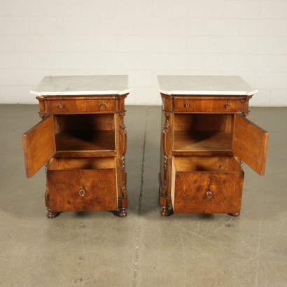 Pair of Umbertine Bedside Tables Poplar Walnut Marble - Italy XIX Cent