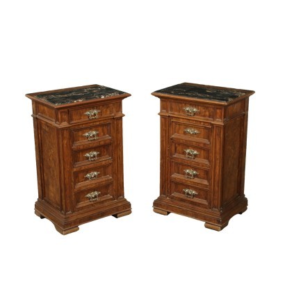 Pair of Revival Bedside Table Walnut Cherry Marble Italy 20th Cenutry