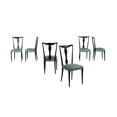 Group Of Six Chairs Leatherette Spring Stained Wood Italy 1950s 1960s