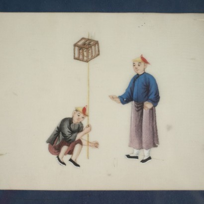 Groupe de 4 Dessins Papier de Riz - Chine XIX Siècle