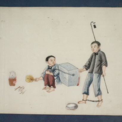 Groupe de 4 Dessins Papier de Riz - Chine XIX Siècle