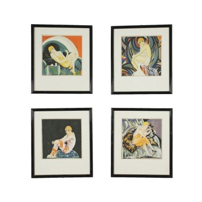 art, Italian art, twentieth century Italian painting, Group of four Pochoir Art Déco%, Group of four Pochoir Art Déco%