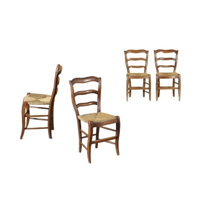 Group Of 4 Chairs Walnut Straw Italy 19th Century