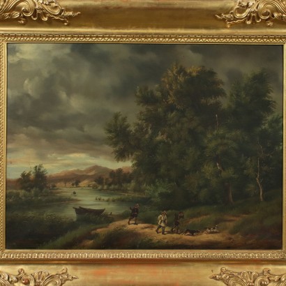 Landscape With Hunters Oil On Canvas 19th Century