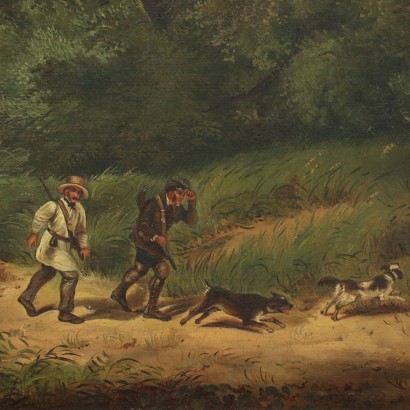 Paysage avec Chasseurs Huile sur Toile - Italie XIX Siècle